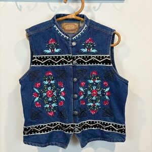 Double D ranch wear Vintage Denim Vest with Colorful Embroidery